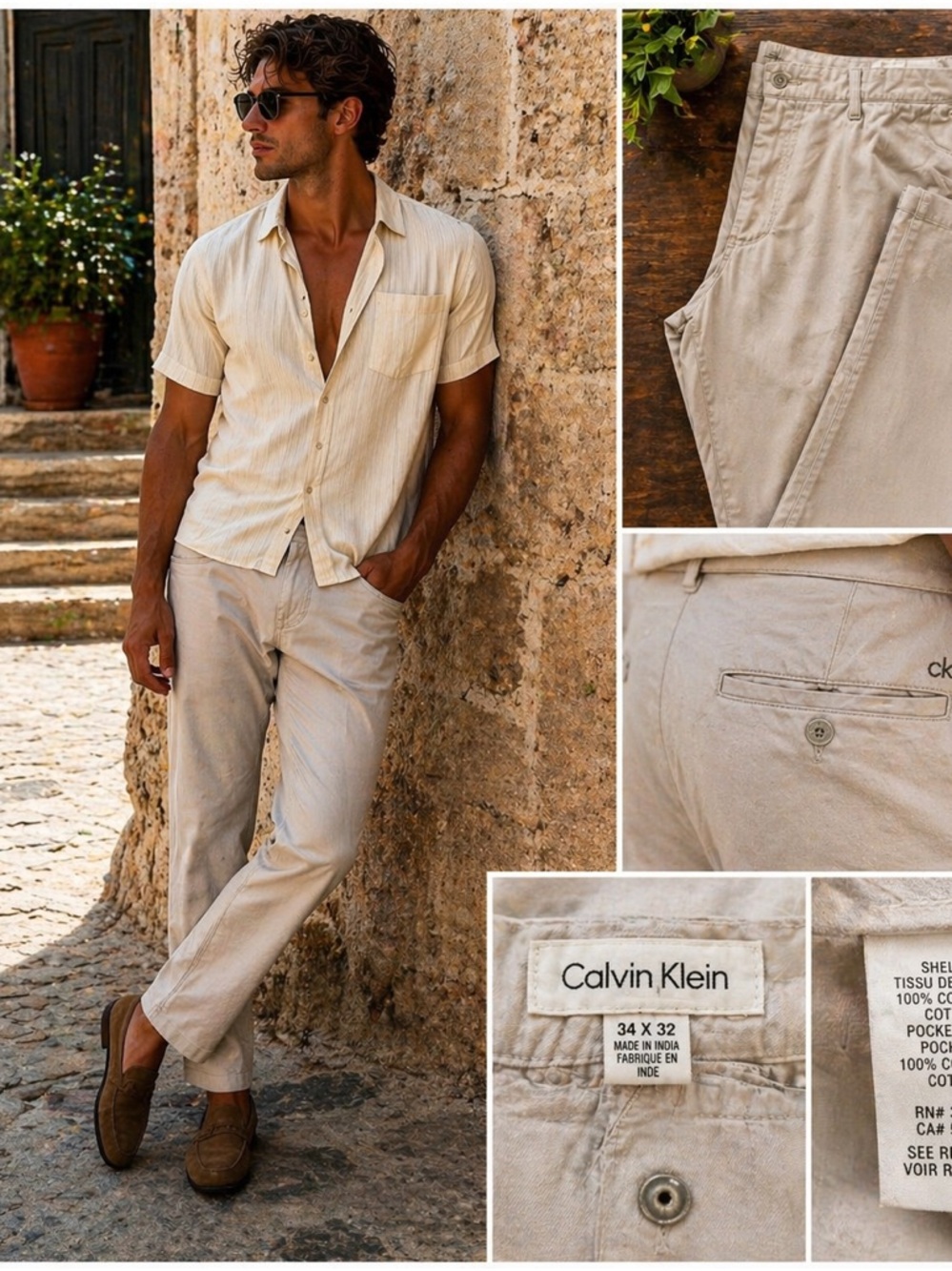 Calvin Klein Khaki Cotton Pants 34x32 Straight Leg Neutral Minimal Quiet Luxury